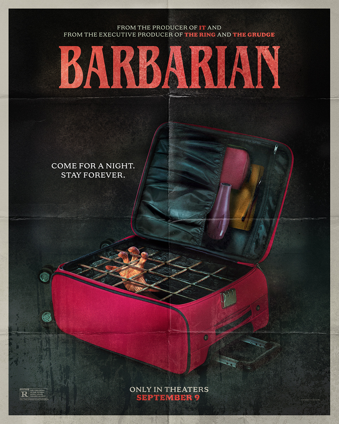 An alternate official movie poster for Barbarian, showing a piece of carry-on luggage with a trapped person's hand coming out of a grate in the center.